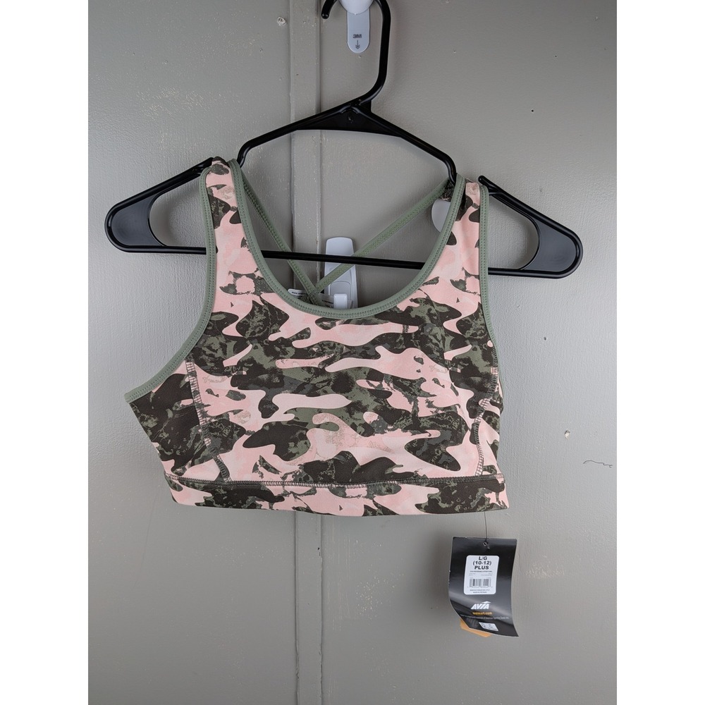 Avia Girls Reversible Sports Bra Pink Green Camo Crisscross Back L 10-12 Plus